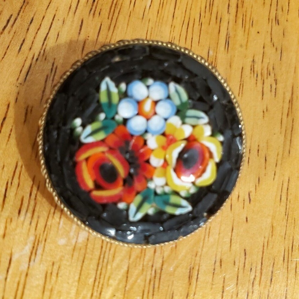 Brooch Italy Mosaic Glass Tile Flower Brooch with Original Box Vintage